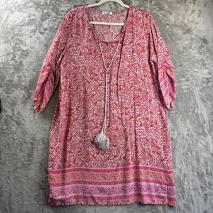 LT Tunic Dress Women L Pink Paisley Tassel Tie Boho Rayon Mini (xxxx)